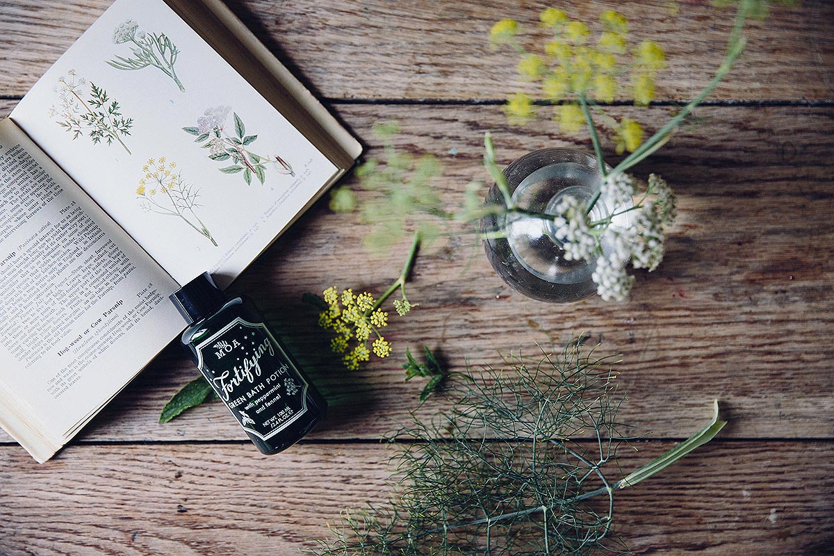 green bottle, book and herbs on wood