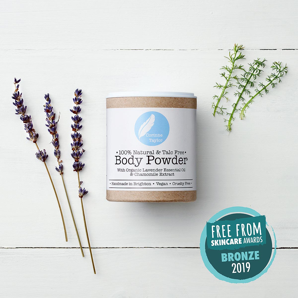 body powder in box with lavender