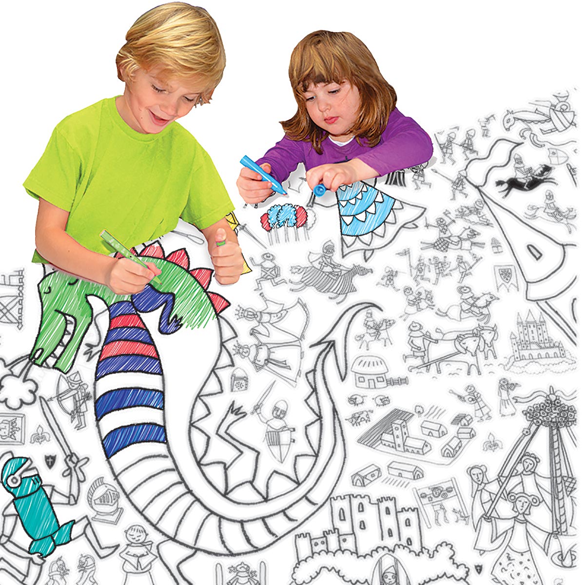 girl and boy colouring together at table