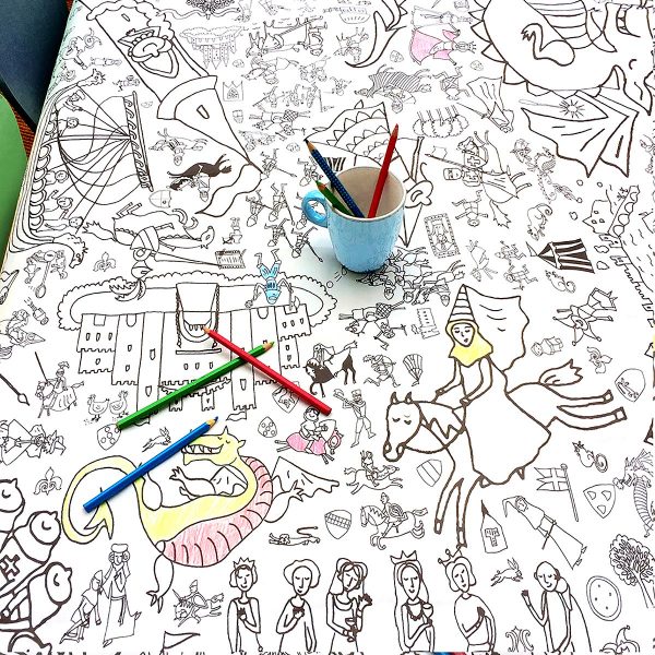 crayons in pot on colour-in tablecloth