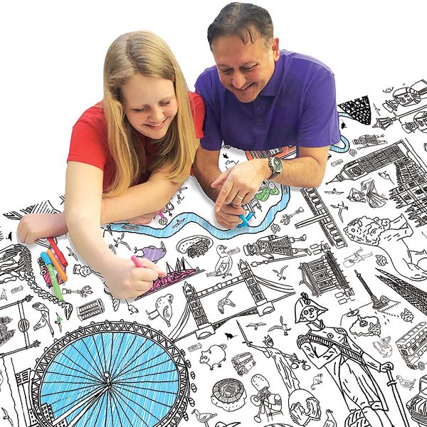 father and daughter colouring tablecloth