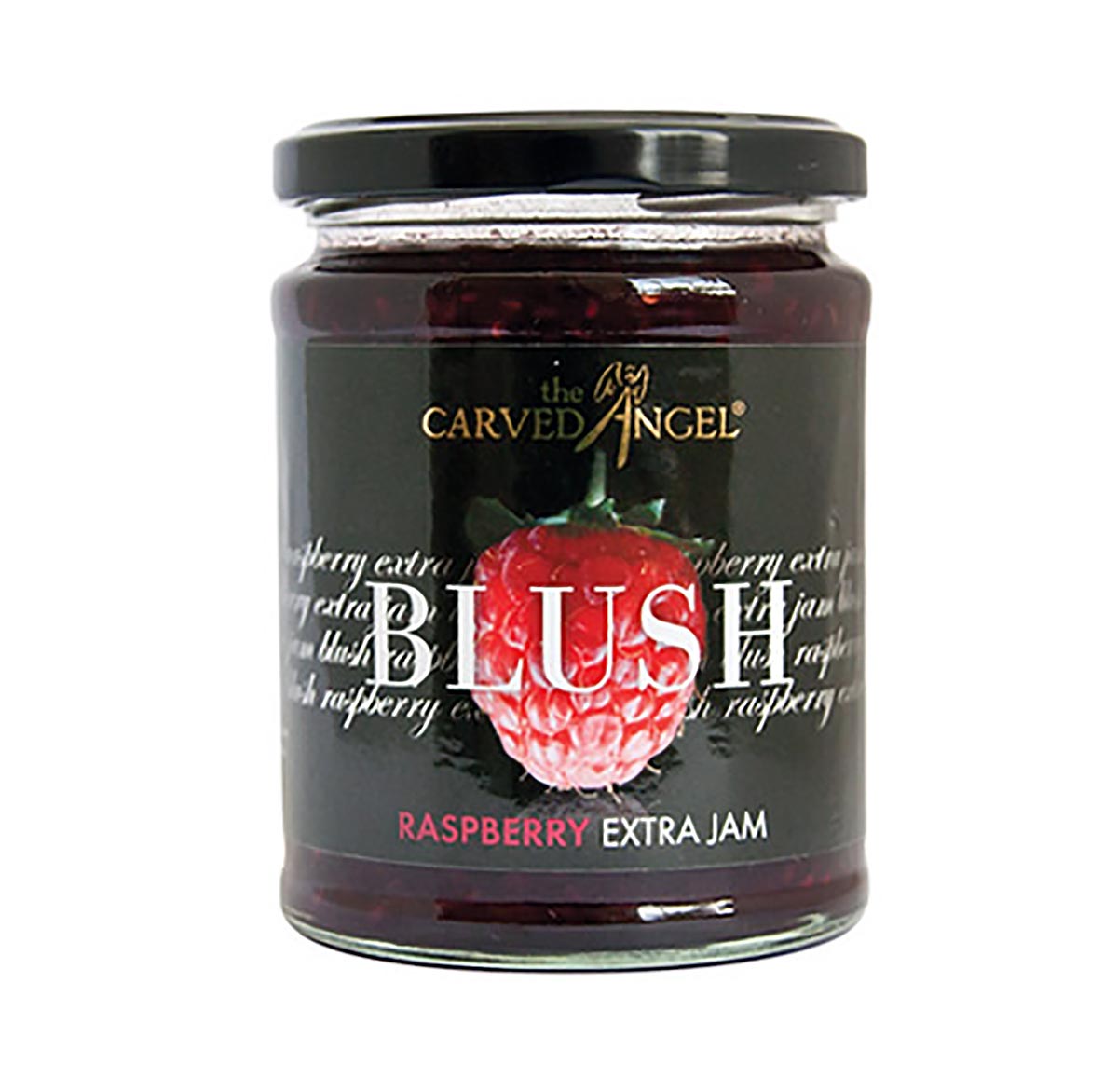 glass jar full of jam on white background