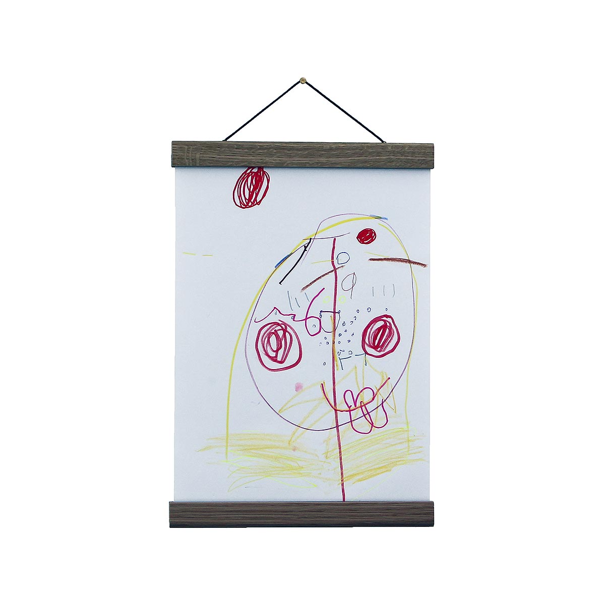 child's drawing in oak poster hanger