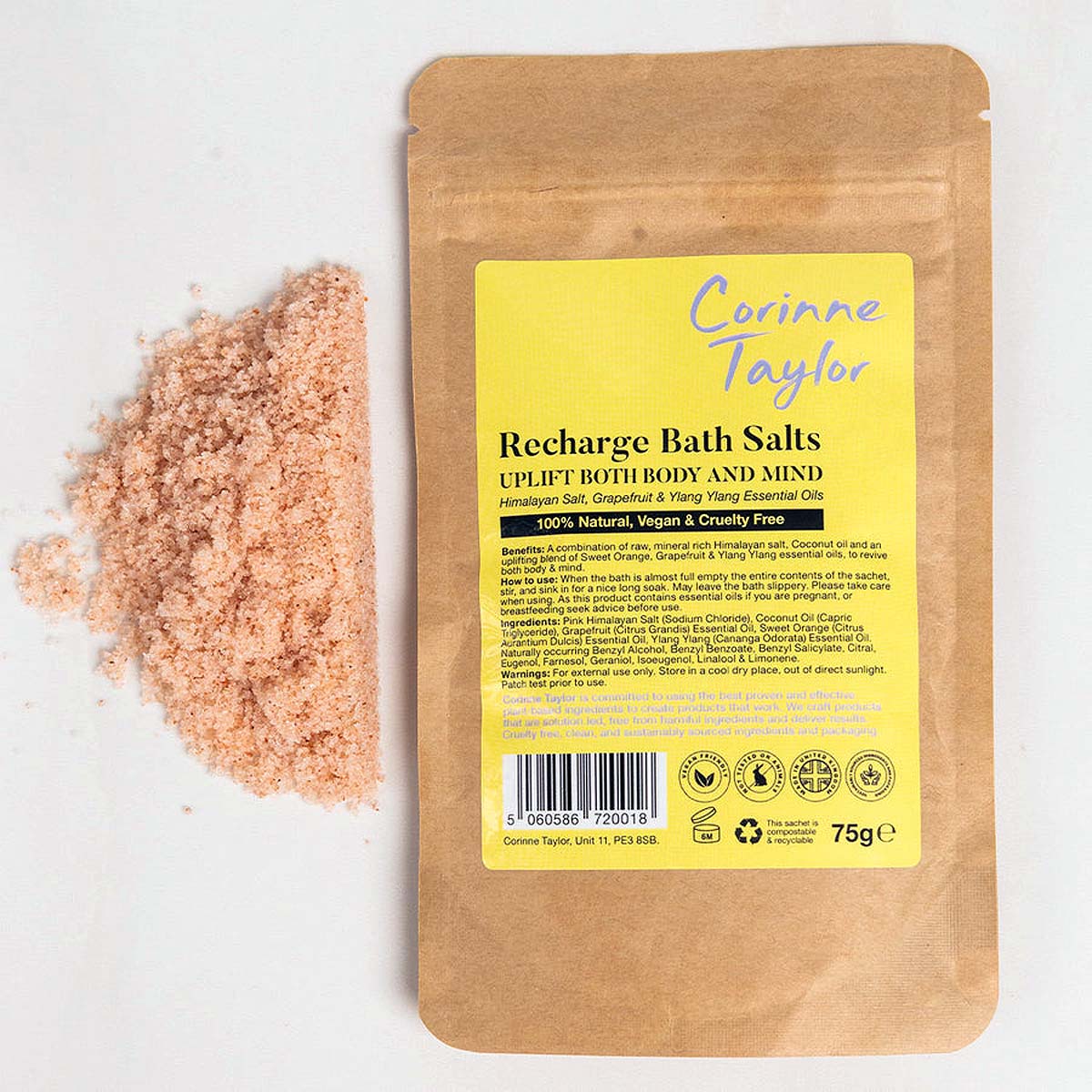recharge-himalayan-bath-salts-sachet sachet and loose salts on plain background