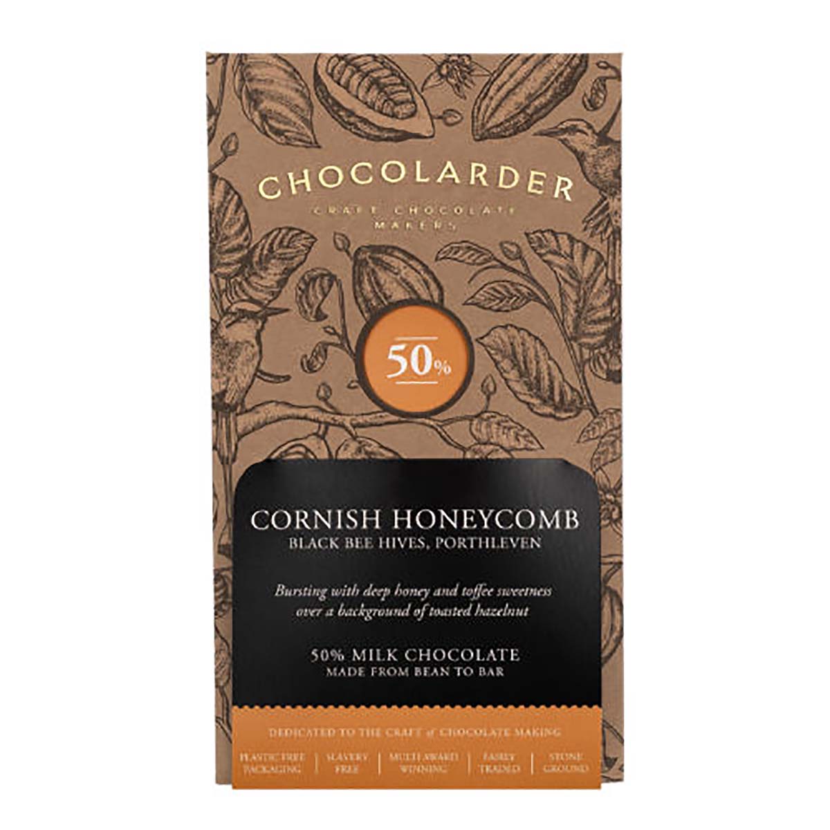 cornish-honeycomb-bean-to-bar-milk-chocolate-50% bar of chocolate on white background