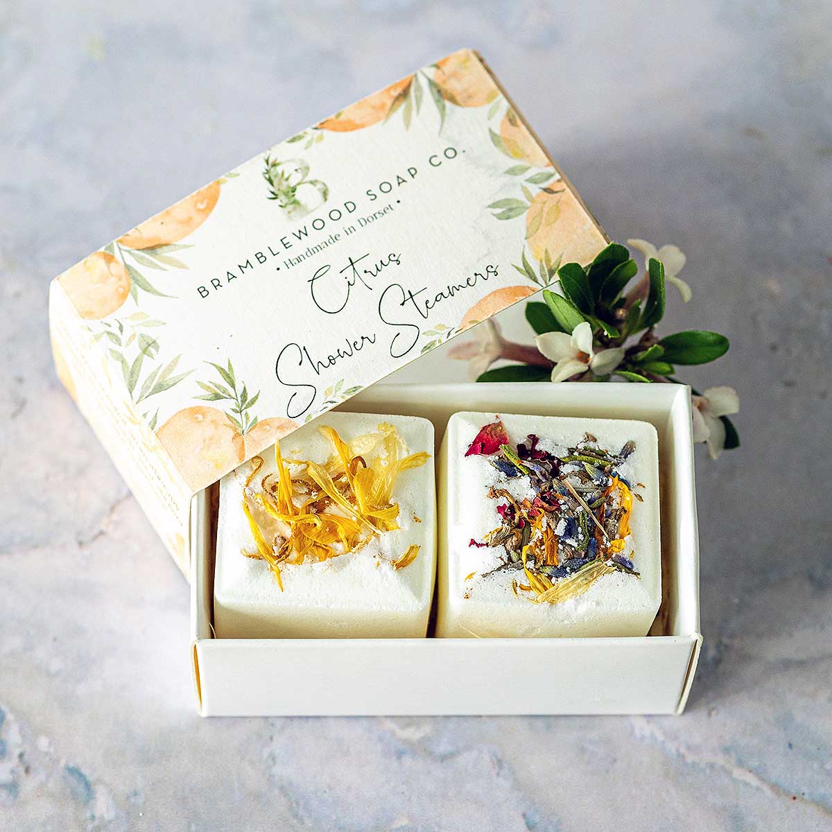 Citrus_shower_steamers two shower cubes in a box