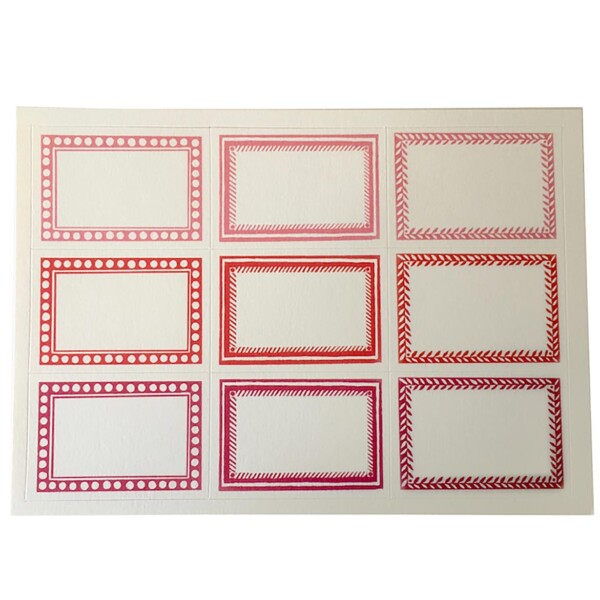 nine different coloured red labels in a grid