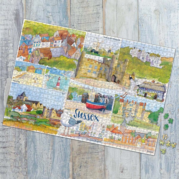 finished jigsaw on wooden table