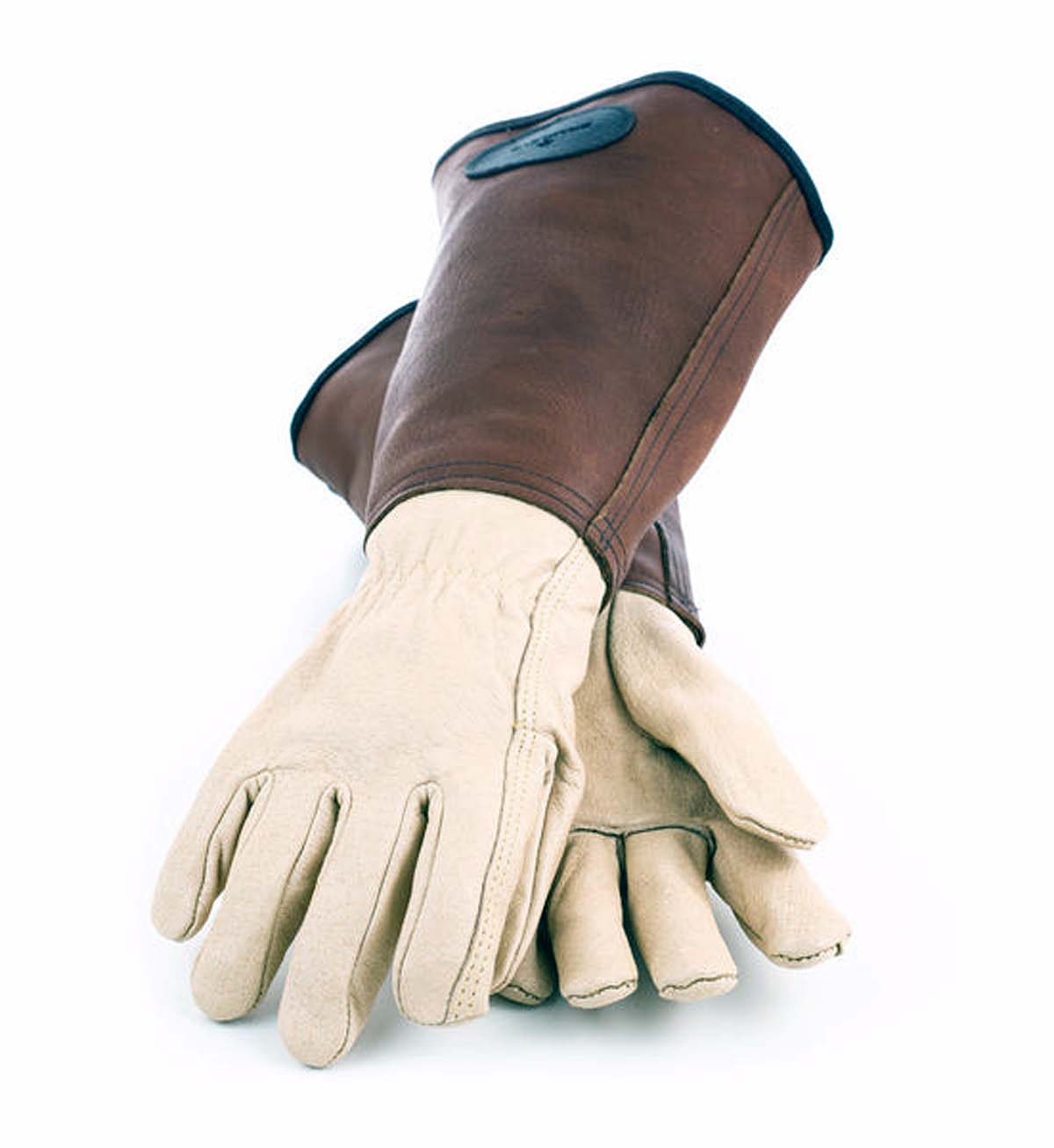 anti-bramble-gauntlet pair of gauntlet gloves on white background