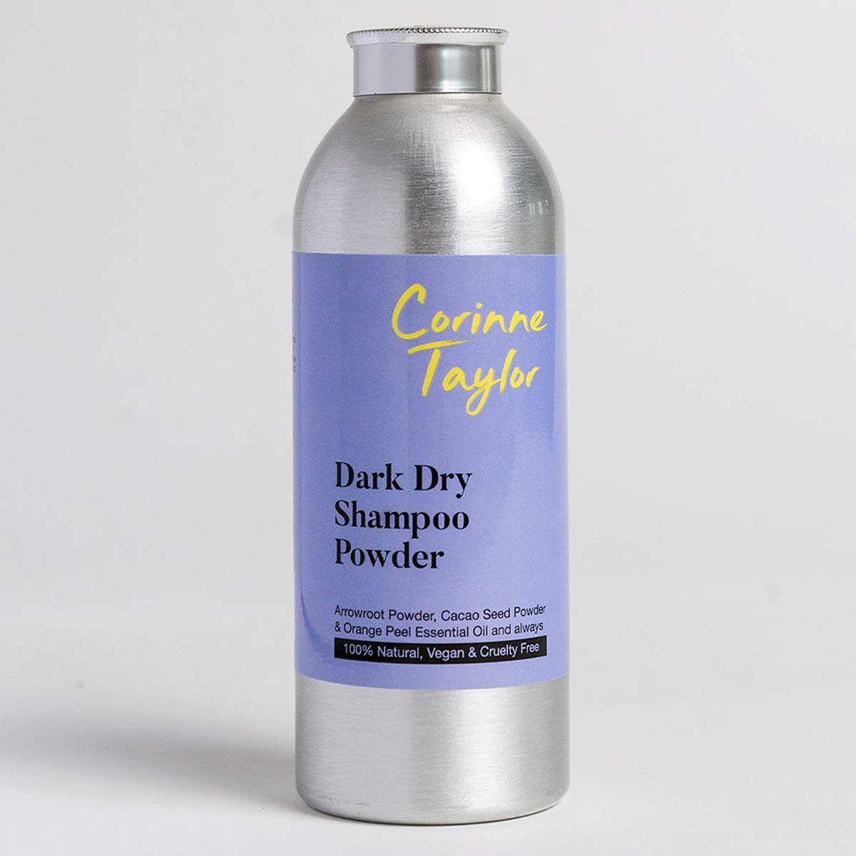 dark-dry-shampoo-powder shaker aluminium bottle on white background