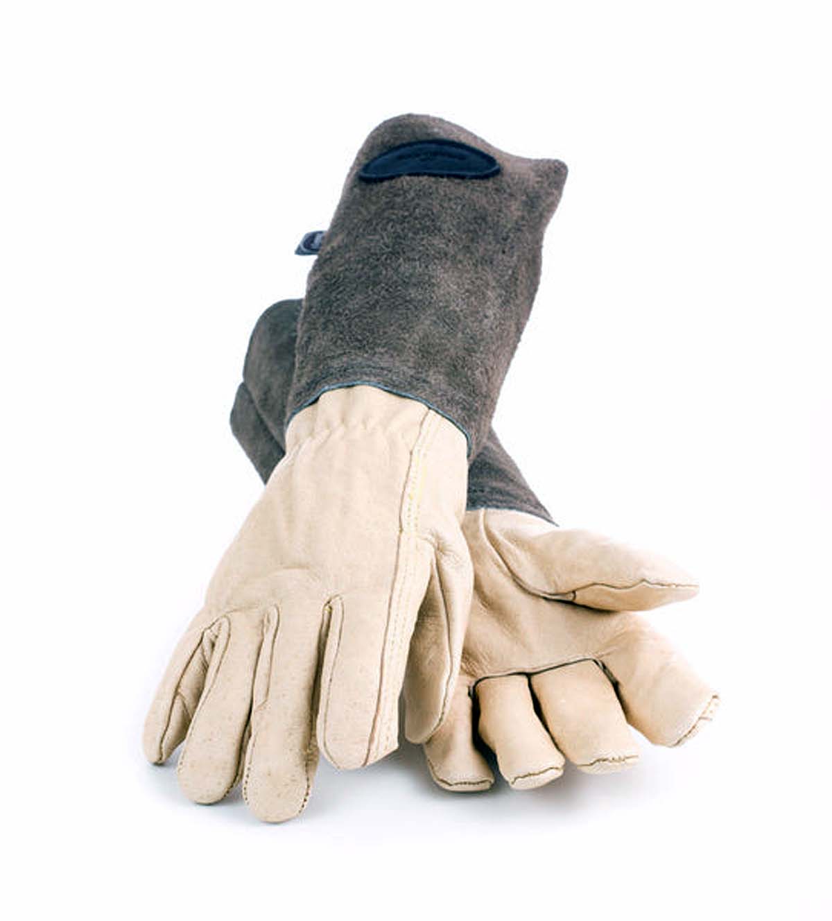 leather-suede-gardening-gauntlet-gloves pair of gauntlet gloves on white background
