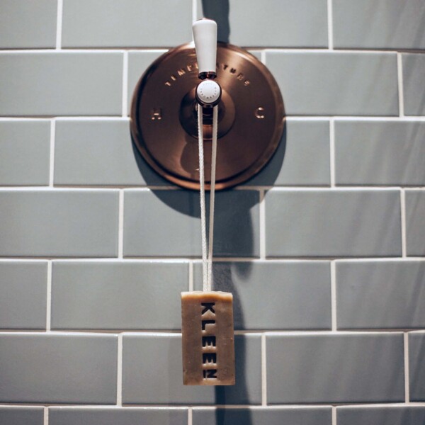 soap on a rope hanging from lever tap in shower