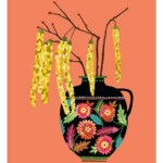 catkins in floral pot on dark apricot background