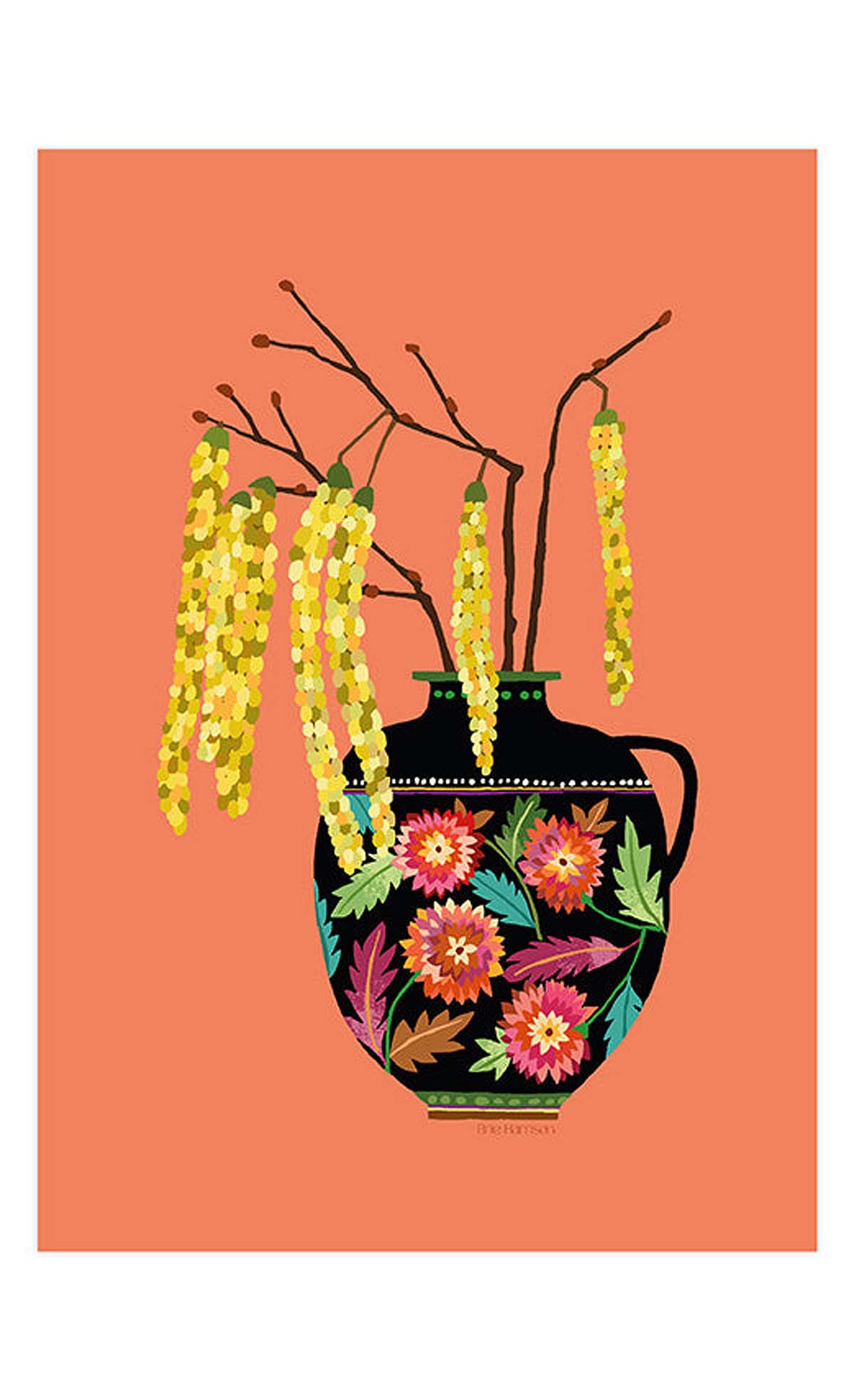 catkins-pot-print catkins in floral pot on dark apricot background