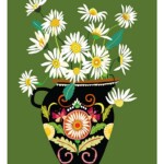 daisies in colourful vase on green background