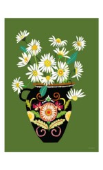 daisies in colourful vase on green background