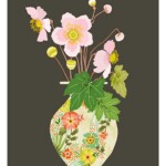 japanese anemone flowers and leaves in floral vase on indigo background