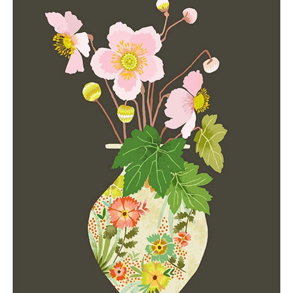 japanese anemone flowers and leaves in floral vase on indigo background