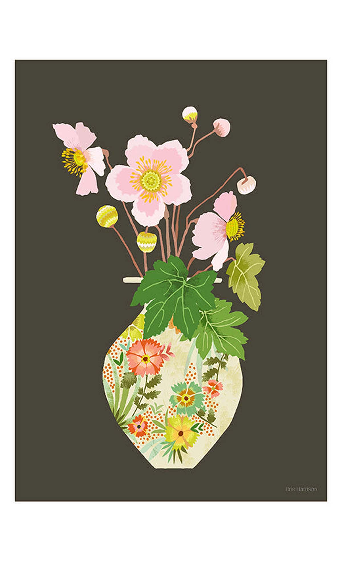 japanese-anemone-vase-print japanese anemone flowers and leaves in floral vase on indigo background