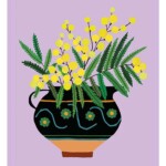 print of mimosa in patterned jug on coloured background