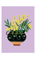 print of mimosa in patterned jug on coloured background