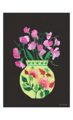 mauve sweet peas in colourful vase on dark background