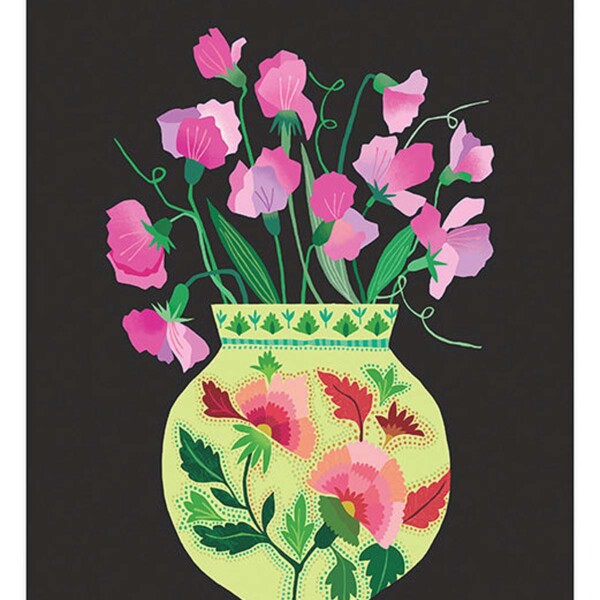 mauve sweet peas in colourful vase on dark background